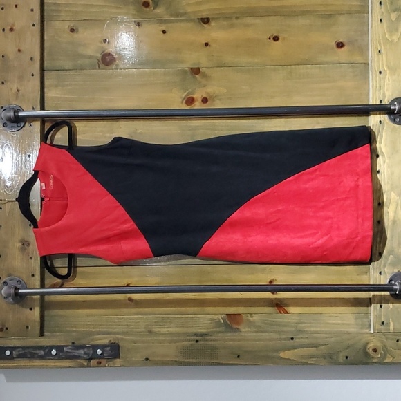 CK CALVIN KLEIN COLOR BLOCK RED BLACK SUEDE DRESS SIZE 2 - Picture 1 of 9